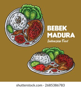 Diseño de Ilustración vectorial dibujado a mano de Bebek Madura Comida indonesia