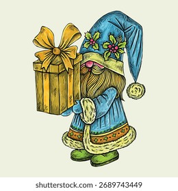 Hand drawn vector illustration design of Tomte carrying a gift