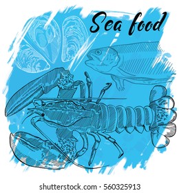 Hand drawn vector illustration, design for a seafood restaurant menu. The picture shows the lobster, fish and oysters on a blue background. 
