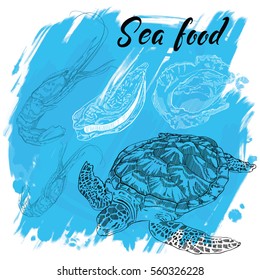 Hand drawn vector illustration, design for a seafood restaurant menu. The picture shows the lobster, turtle and oysters on a blue background.