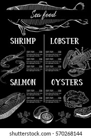 Hand drawn, vector illustration, design for a seafood restaurant menu. 