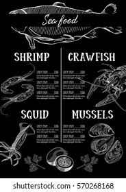 Hand drawn, vector illustration, design for a seafood restaurant menu. 