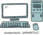 Hand drawn vector illustration of desktop computer with screen, mouse. IT technology, work from home, business connection concept. Isolated vector object, icon line art clipart