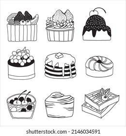 Hand drawn vector illustration of dessert and cake collection in doodle art style on white background