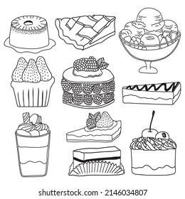 Hand drawn vector illustration of dessert and cake collection in doodle art style on white background