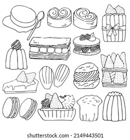Hand drawn vector illustration of dessert and cake collection in doodle art style on white background