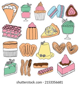 Ilustración vectorial dibujada a mano del postre conjunto en estilo de arte doodle sobre fondo blanco