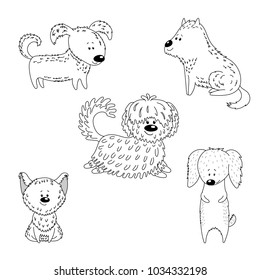 Hand drawn vector illustration with different cute funny cartoon dogs. Isolated black and white objects. Outline drawing. Design concept for children, pets, domestic animals.