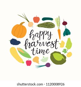 Hand drawn vector illustration of different vegetable in a round frame design, with lettering quote Happy Harvest Time. Isolated objects on white background. Flat style. Concept for gardening, autumn.