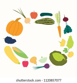 Hand drawn vector illustration of different vegetable in a round frame design, with copy space. Isolated objects on white background. Flat style. Concept for gardening, autumn harvest.