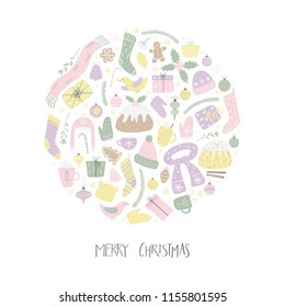 Hand drawn vector illustration of different Christmas elements in a circle design, with lettering quote Merry Christmas. Isolated objects on white background. Flat style design. Concept card, invite.