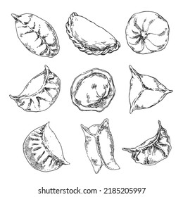 Hand drawn vector illustration of different dumplings types and styles. Manty, meat dumpling, pelmeni, jiaozi, pyanse or pigodi, khinkali, ravioli, pancake, crepe, Pierogi or varenyky. template menu d