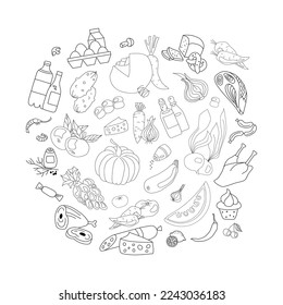 Ilustración vectorial dibujada a mano con diferentes elementos alimentarios