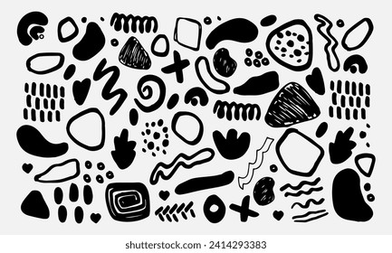 Hand drawn vector illustration , different shapes elements black sketch line art , doodle pattern trend isolate on white for different design uses and prints, fabric or paper wallpaper and background.