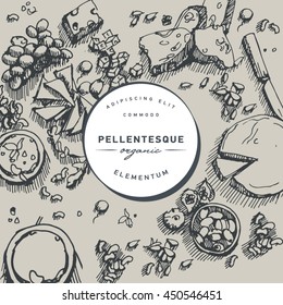 Hand drawn vector illustration of different cheeses with fruit, nuts and olives. Sketch style of food menu.