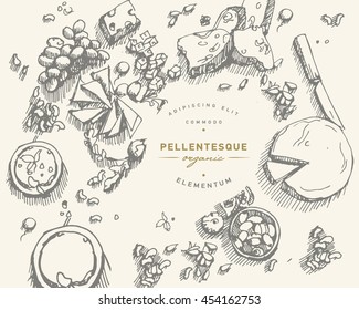 Hand drawn vector illustration of different cheeses with fruit, nuts and olives. Sketch style of food menu.