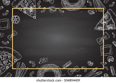 Hand drawn vector illustration - Different kinds of pasta and pizza. Design elements in sketch style. Perfect for menu, cards, blogs, banners.