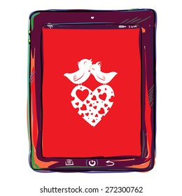 Hand  drawn vector illustration of digital tablet with heart and birds.