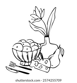 Hand drawn vector illustration of a dinner composition with a fruit bowl, cheese, pear, vase with flowers, knife, and fork. Black and white line art style for menu, invitation, poster, print