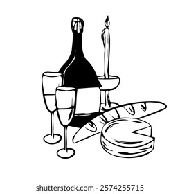 Hand drawn vector illustration of dinner composition with a bottle, two wine glasses, a candle, bread, and cheese. Black and white line art style for menu, invitation, posters, prints, and decorations