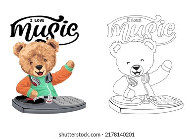 Hand drawn vector illustration of disc jockey teddy bear. Coloring book or page