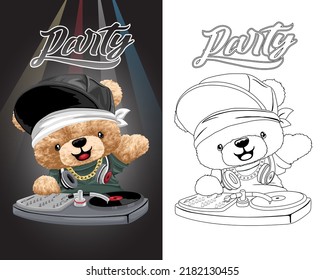 Hand drawn vector illustration of disc jockey teddy bear. Coloring book or page