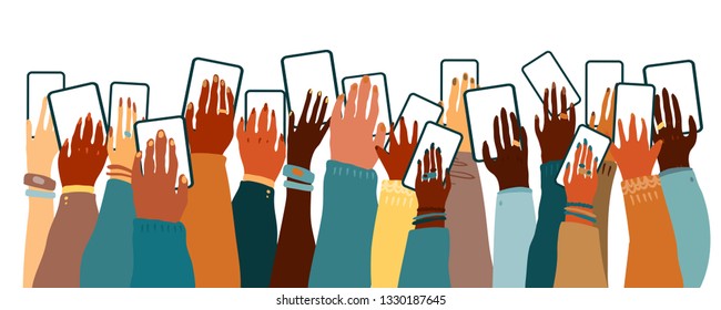 Hand drawn vector illustration of diverse skin color cartoon people hands holding various device made in minimal flat style isolated on white.