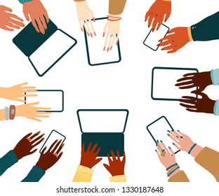 Hand drawn vector illustration of diverse skin color cartoon people hands holding various device made in minimal flat style isolated on white.