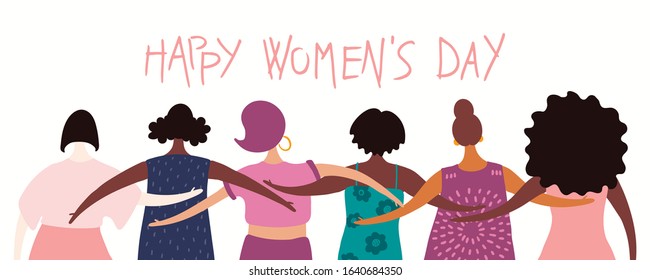 Hand Drawn Vector Illustration Of Diverse Modern Girls Together From The Back, With Quote Happy Womens Day. Flat Style Design. Concept For Feminism Banner, Card, Poster. Female Cartoon Characters.