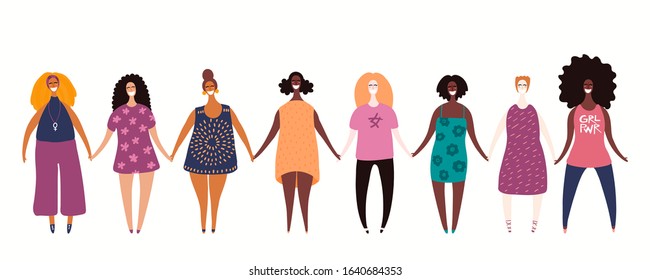 Hand drawn vector illustration of diverse modern girls together. Isolated people on white. Flat style design. Concept, element for feminism, womens day card, poster, banner. Female cartoon characters.