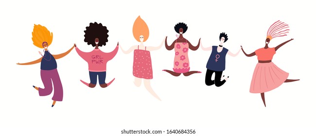 Hand drawn vector illustration of diverse modern girls together. Isolated people on white. Flat style design. Concept, element for feminism, womens day card, poster, banner. Female cartoon characters.