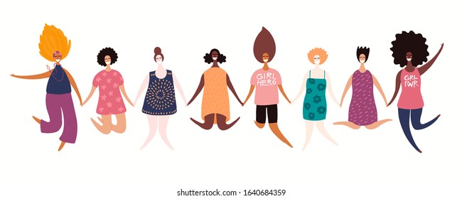 Hand drawn vector illustration of diverse modern girls together. Isolated people on white. Flat style design. Concept, element for feminism, womens day card, poster, banner. Female cartoon characters.