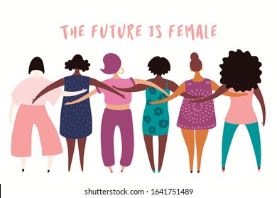 Hand drawn vector illustration of diverse modern girls together. Isolated people on white. Flat style design. Concept, element for feminism, womens day card, poster, banner. Female cartoon characters.