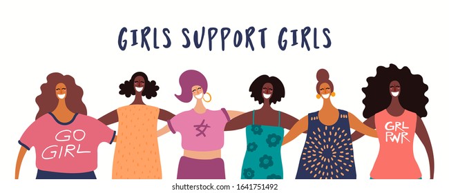 Hand drawn vector illustration of diverse modern girls together, with quote Girls support girls. Flat style design. Concept for feminism, womens day card, poster, banner. Female cartoon characters.