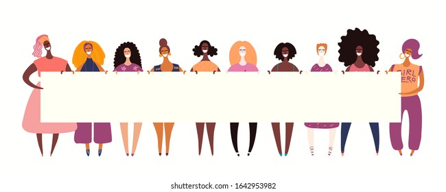 Hand drawn vector illustration of diverse girls holding a banner. Isolated people on white. Flat style design. Concept, element for feminism, womens day card, poster, banner. Female cartoon characters