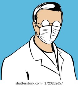 Hand drawn vector illustration of doctor with glasses and mask