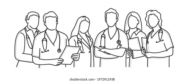 Hand drawn vector illustration of doctors, medical workers, medics and nurses.