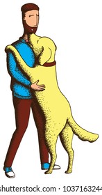 Hand Drawn Vector Illustration. The dog joyfully jumps on its owner. Man and labrador.