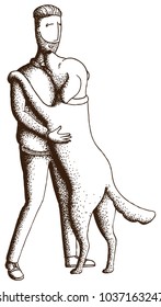 Hand Drawn Vector Illustration. The dog joyfully jumps on its owner. Man and labrador. Coloring Book Page.