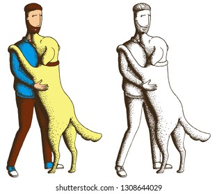 Hand Drawn Vector Illustration. The dog joyfully jumps on its owner. Man and labrador. Coloring Book Page