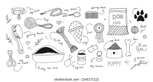 Hand drawn vector illustration of dog accessories. Pet objects - leash, collar, charm, dog food, bowl, toys. Graphic perfect for stickers, logo, advertising, blogs