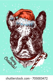 Hand drawn vector illustration dog. Sketch style drawing. Christmas postcard. Symbol of 2018 new year. Us for Invitations, flyers, postcards, smartphone covers etc