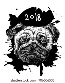 Hand drawn vector illustration dog. Sketch style pug-dog. Symbol of 2018 new year. Us for Invitations, flyers, postcards, smartphone covers etc