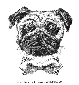 Hand drawn vector illustration dog. Sketch style pug-dog. Symbol of 2018 new year. Us for Invitations, flyers, postcards, smartphone covers etc