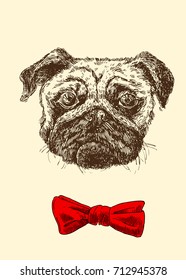 Hand drawn vector illustration dog. Sketch style pug-dog. Symbol of 2018 new year. Us for Invitations, flyers, postcards, smartphone covers etc