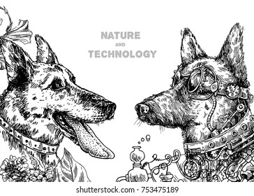 Hand drawn vector illustration dog with tongue and steampunk dog. Sketch style drawing. Symbol of 2018 new year. Us for Invitations, flyers, postcards, smartphone covers etc