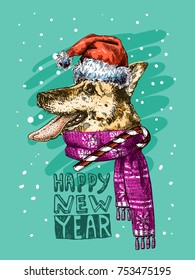 Hand drawn vector illustration dog with tongue. Sketch style drawing. Symbol of 2018 new year. Us for Invitations, flyers, postcards, smartphone covers etc
