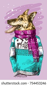 Hand drawn vector illustration dog with tongue. Sketch style drawing. Symbol of 2018 new year. Us for Invitations, flyers, postcards, smartphone covers etc