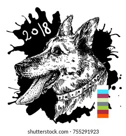 Hand drawn vector illustration dog with tongue. Sketch style drawing. Symbol of 2018 new year. Us for Invitations, flyers, postcards, smartphone covers etc