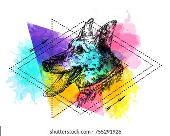 Hand drawn vector illustration dog with tongue. Sketch style drawing. Symbol of 2018 new year. Us for Invitations, flyers, postcards, smartphone covers etc